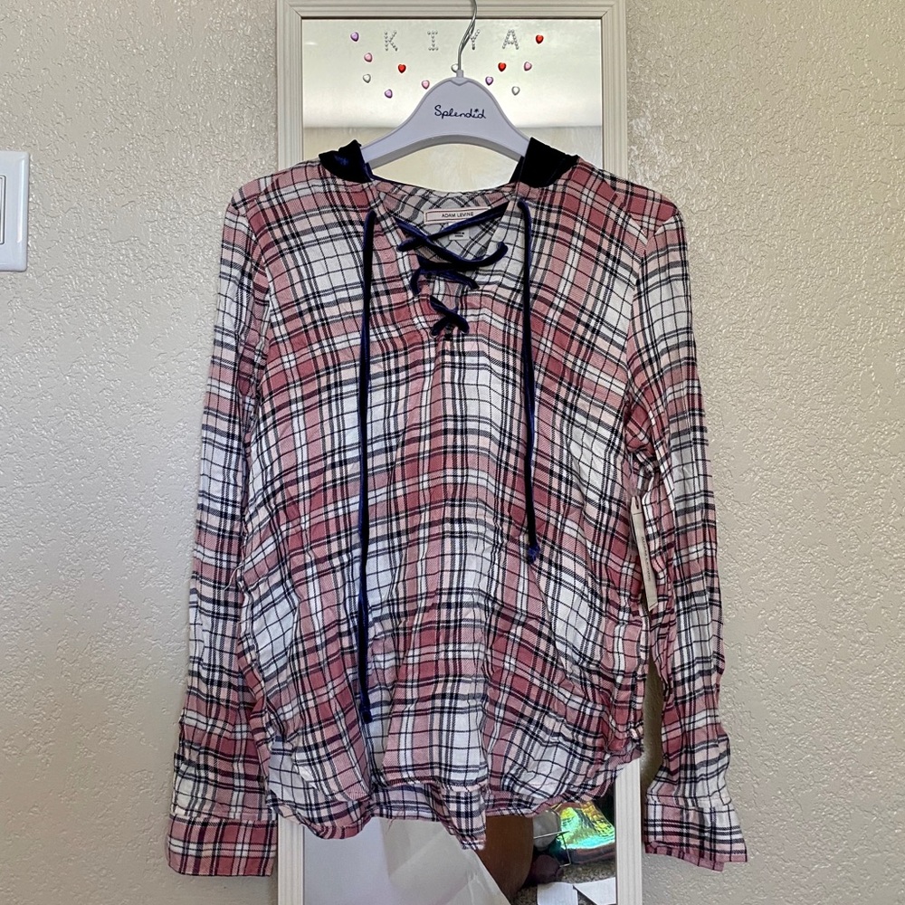 adam levine pink flannel w/blue velvet hoodie